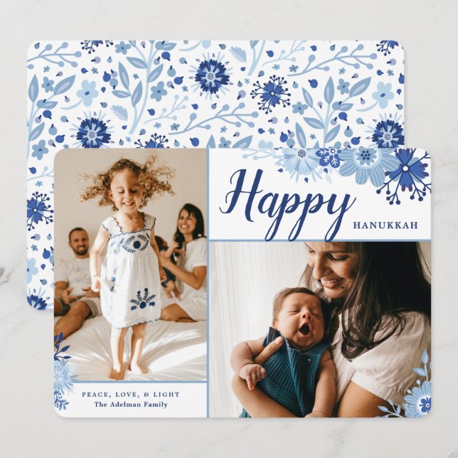 Elegant Floral Happy Hanukkah 2 Photo Holiday Card (Front/Back)