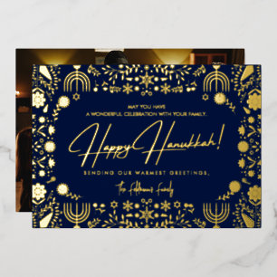 Elegant Floral Happy Hanukkah Family Photo Foil Holiday Card
