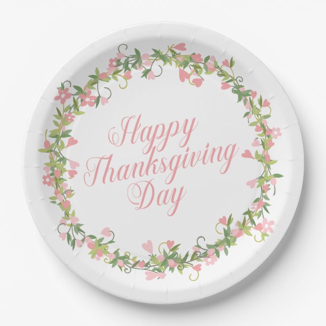 Elegant Floral Happy Thanksgiving | Paper Plate (Front)