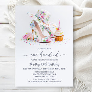 Elegant Floral High Heel Shoes 100th Birthday Invitation