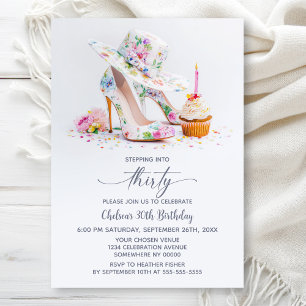 Elegant Floral High Heel Shoes 30th Birthday Party Invitation