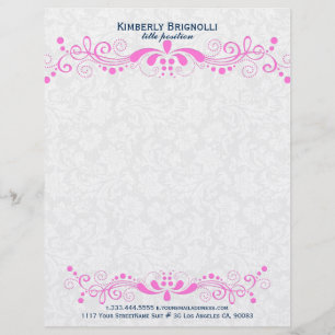 Elegant Floral Hot Pink Lace With White Damasks Letterhead