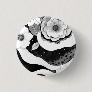Elegant Floral in Black and White 1 Inch Round Button