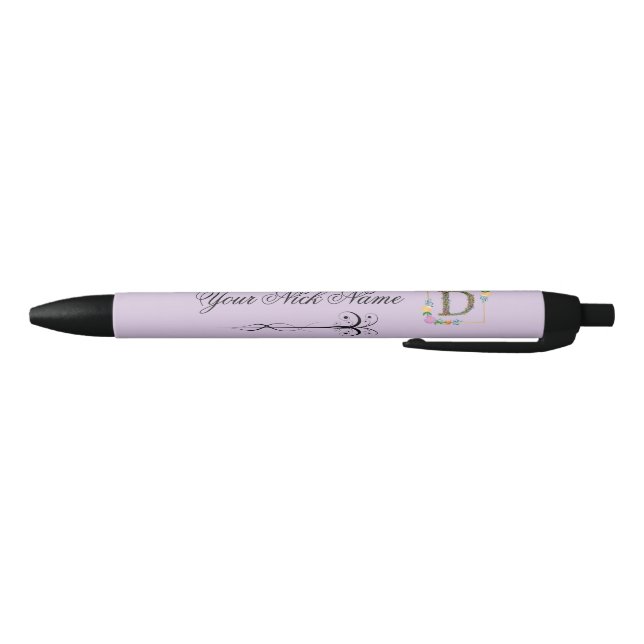 Elegant Floral Initial D Black Ink Pen (Bottom)