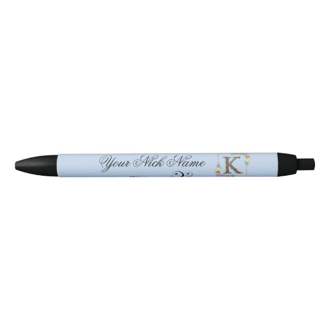 Elegant Floral Initial K Black Ink Pen (Front)
