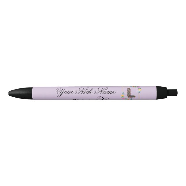 Elegant Floral Initial L Black Ink Pen (Front)