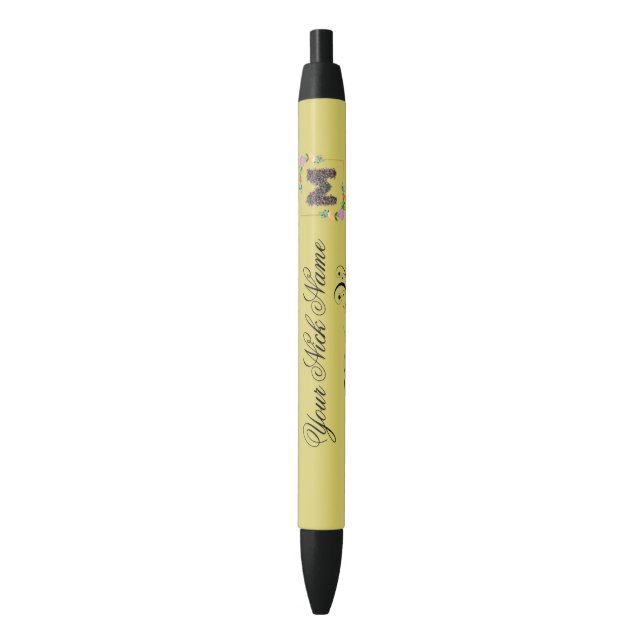 Elegant Floral Initial M Black Ink Pen (Front Vertical)