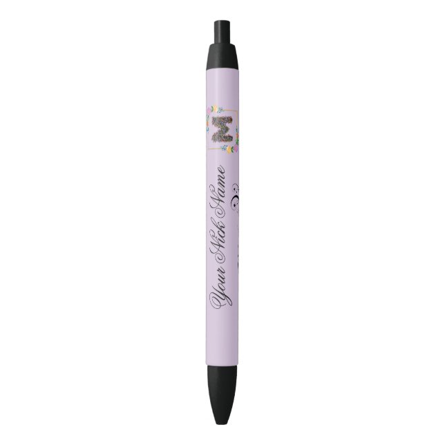 Elegant Floral Initial N Black Ink Pen (Front Vertical)