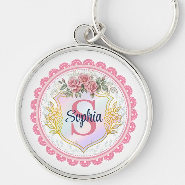 Elegant Floral Initial & Name Monogram Keychain (Front)