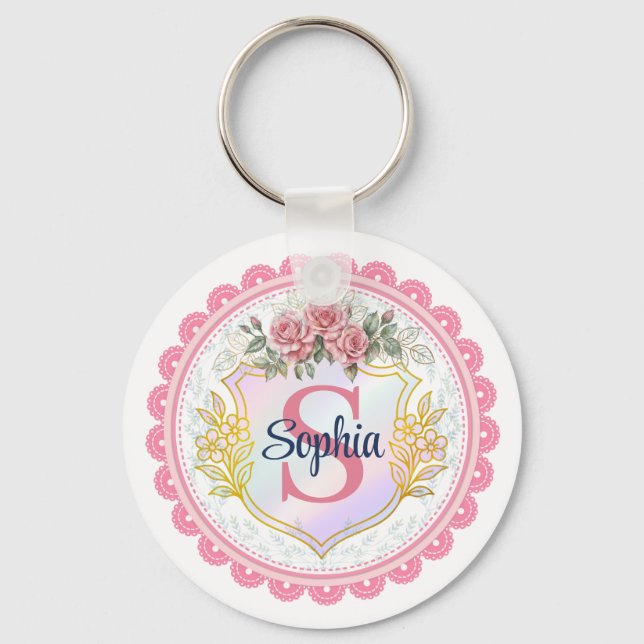 Elegant Floral Initial & Name Monogram Keychain (Front)