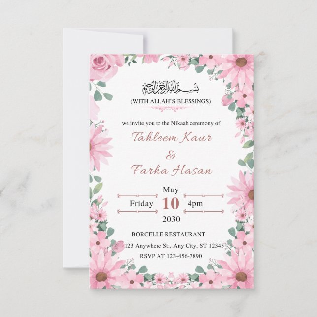 Elegant Floral Islamic Nikkah Wedding Invitation  (Front)