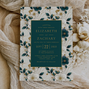 Elegant Floral Ivory Dark Teal Gold Wedding Invitation