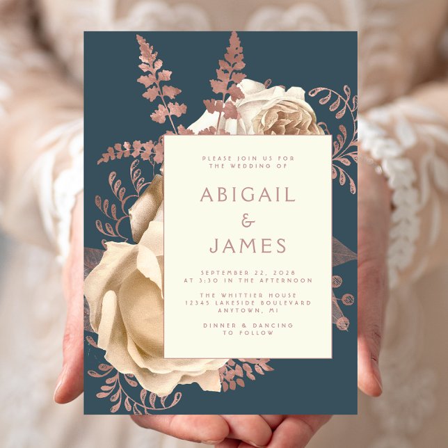 Elegant Floral Ivory Rose Gold Teal Blue Wedding Invitation (Creator Uploaded)