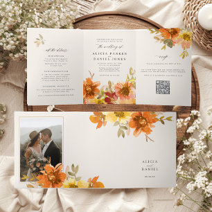 Elegant floral ivory wedding all in one QR RSVP Tri-Fold Invitation
