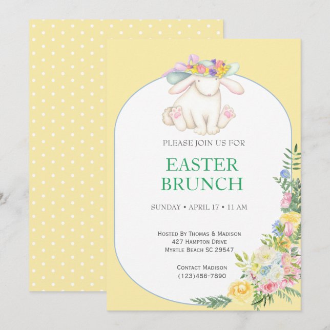 Elégant Floral Jaune de Pâques Brunch Invitation (Devant / Derrière)