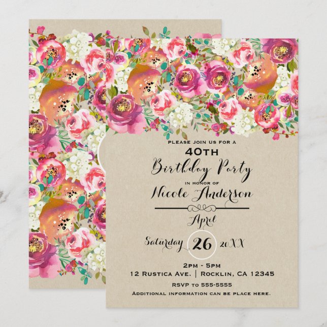 Elegant Floral & Kraft Shabby Chic Birthday Party Invitation (Front/Back)
