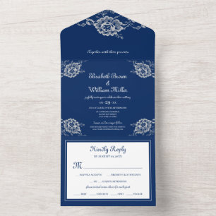 Elegant Floral Lace on Navy Blue Wedding All In One Invitation