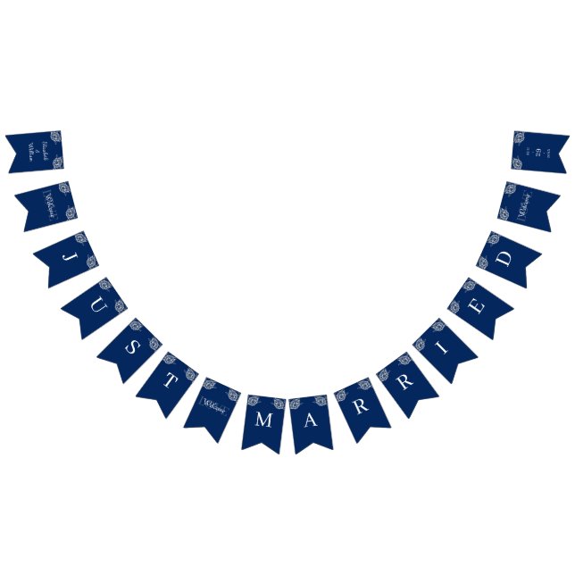 Elegant Floral Lace on Navy Blue Wedding Bunting Flags (All)