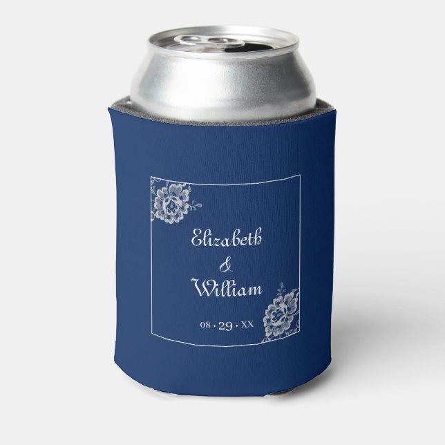 Elegant Floral Lace on Navy Blue Wedding Can Cooler (Can Back)
