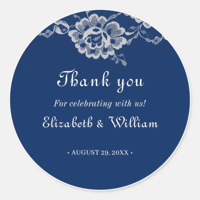 Elegant Floral Lace on Navy Blue Wedding Classic Round Sticker (Front)