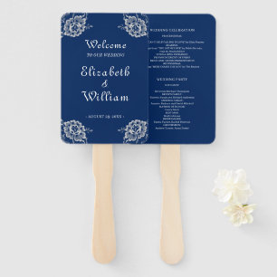 Elegant Floral Lace on Navy Blue Wedding Hand Fan