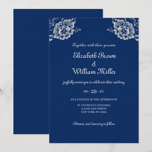 Elegant Floral Lace on Navy Blue Wedding Invitation (Front/Back)