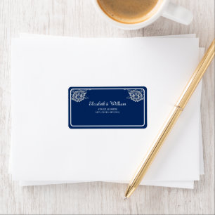 Elegant Floral Lace on Navy Blue Wedding Label