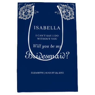 Elegant Floral Lace on Navy Blue Wedding Medium Gift Bag