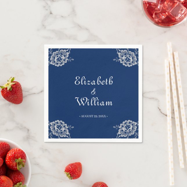 Elegant Floral Lace on Navy Blue Wedding Napkin (Insitu)