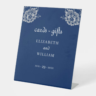 Elegant Floral Lace on Navy Blue Wedding Pedestal Sign