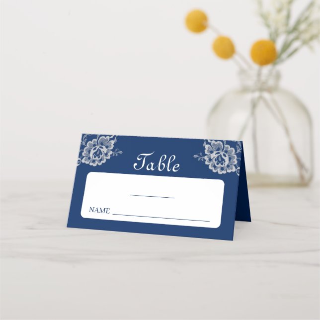 Elegant Floral Lace on Navy Blue Wedding Place Card (Front)