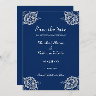 Elegant Floral Lace on Navy Blue Wedding Save The Date