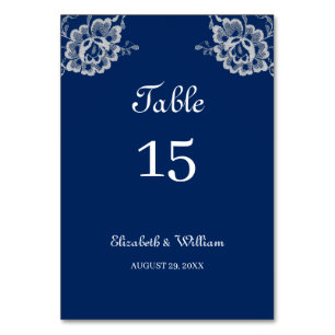 Elegant Floral Lace on Navy Blue Wedding Table Number