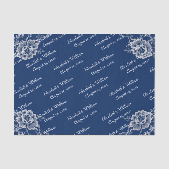 Elegant Floral Lace on Navy Blue Wedding Tissue Paper (Front)