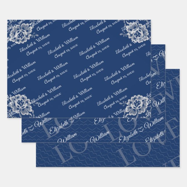 Elegant Floral Lace on Navy Blue Wedding Wrapping Paper Sheet (Set)