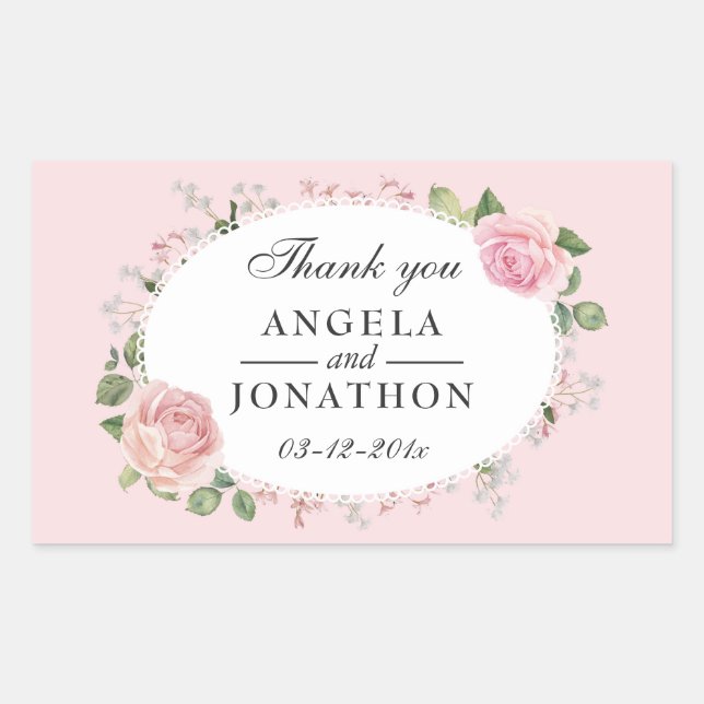 Elegant Floral Lace Pale Pink Wedding Thank You Sticker (Front)