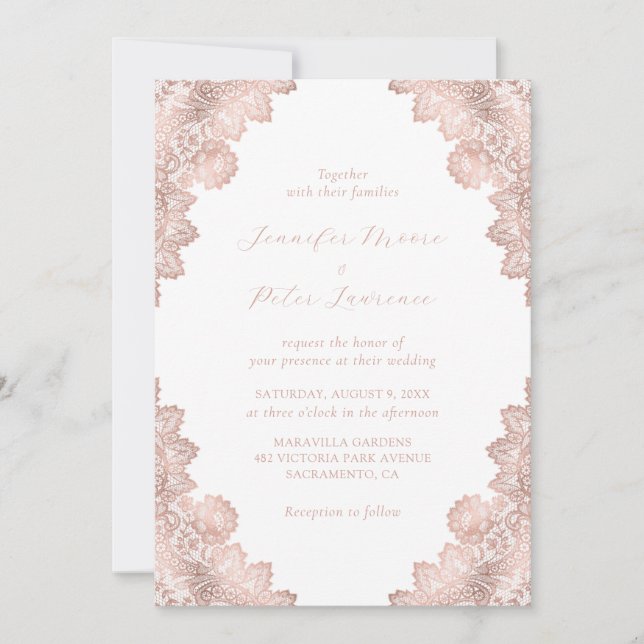 Elegant Floral Lace Rose Gold Wedding Invitation (Front)