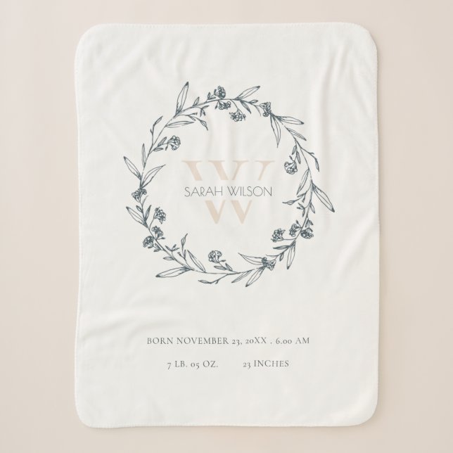 Elegant Floral Laurel Wreath Monogram Baby Stats  Sherpa Blanket (Front)