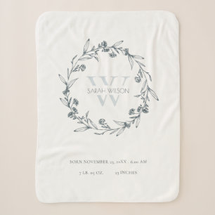 Elegant Floral Laurel Wreath Monogram Baby Stats Sherpa Blanket