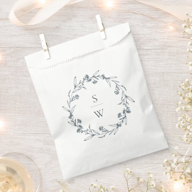 Elegant Floral Laurel Wreath Monogram Wedding Favour Bag (Clipped)