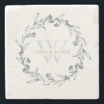 Elegant Floral Laurel Wreath Monogram Wedding Stone Coaster<br><div class="desc">If you need any further customisation please feel free to message me on yellowfebstudio@gmail.com.</div>