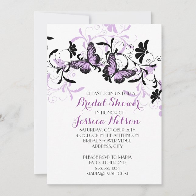 Elegant Floral Lavender Butterfly Bridal Shower Invitation (Front)