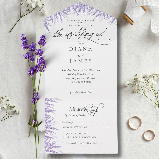Elegant Floral Lavender Calligraphy Wedding All In One Invitation (Elegant Floral Lavender Calligraphy Wedding All In One Invitation)