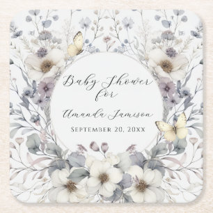 Elegant Floral Lavender n White Girl Baby Shower Square Paper Coaster
