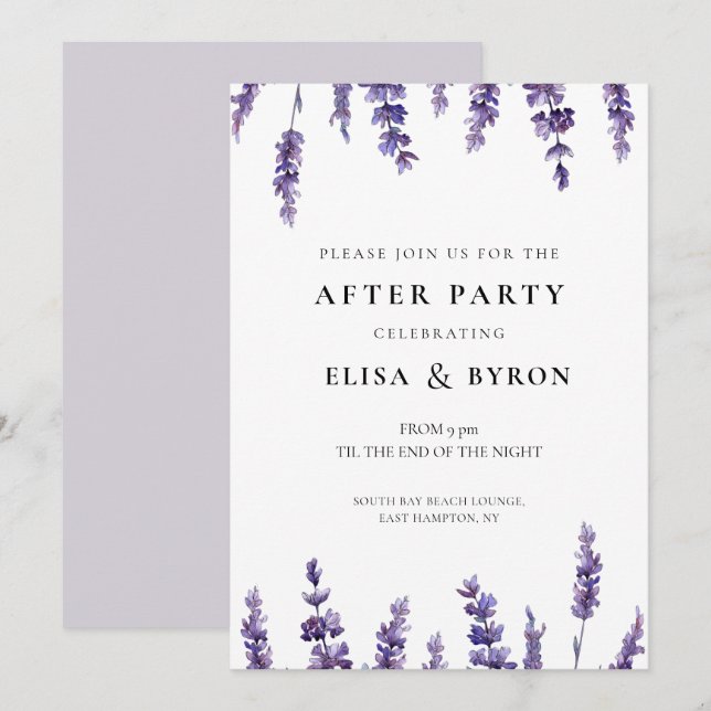 Elegant floral lavender wedding after party invitation (Front/Back)