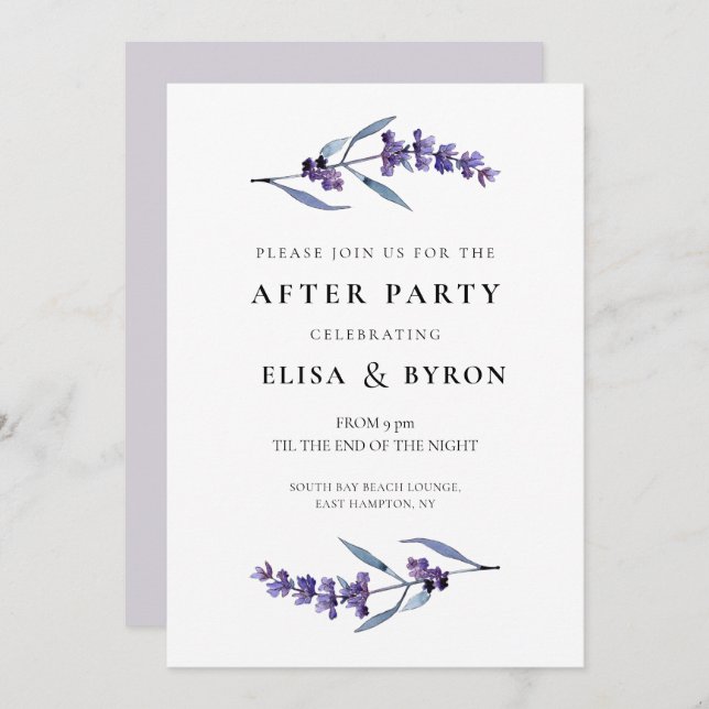 Elegant floral lavender wedding after party invitation (Front/Back)