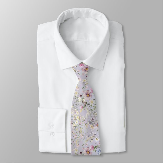 Elegant Floral Lavender Wedding Necktie (Tied)
