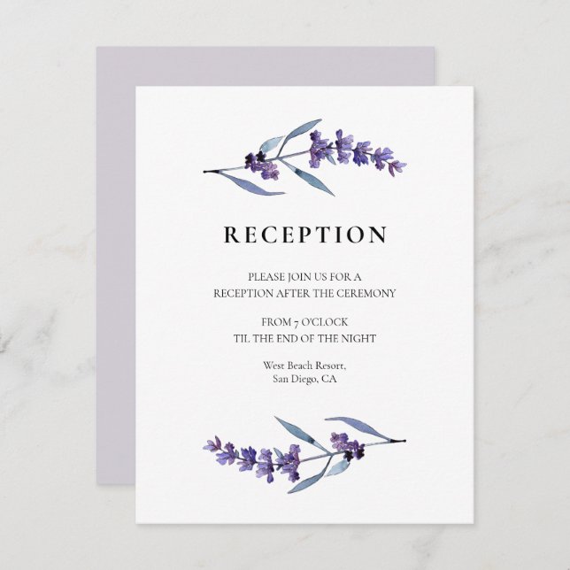 Elegant floral lavender wedding reception card (Front/Back)