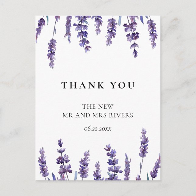 Elegant floral lavender wedding thank you postcard (Front)