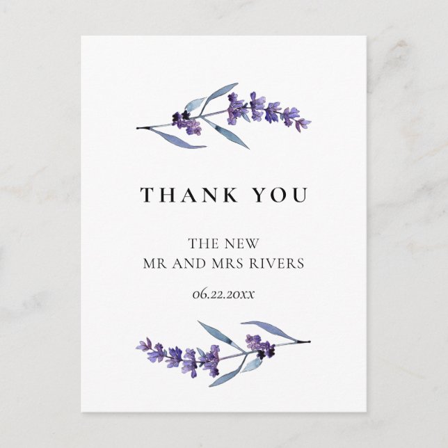 Elegant floral lavender wedding thank you postcard (Front)